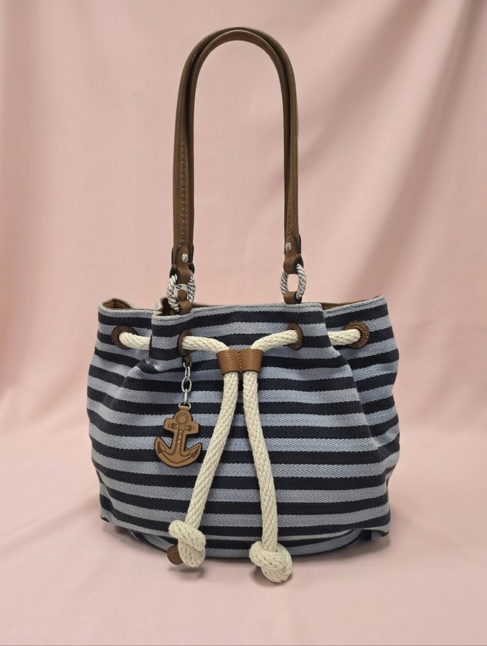 Brighton Surf Drawstring Bucket Bag Navy Stripe Nautical Anchor Leather